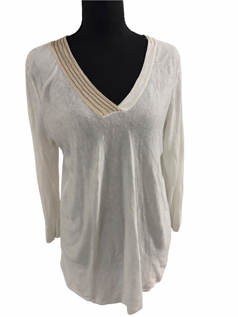 NIC+ZOE White Long Sleeve V-Neck Top with Beige Accent